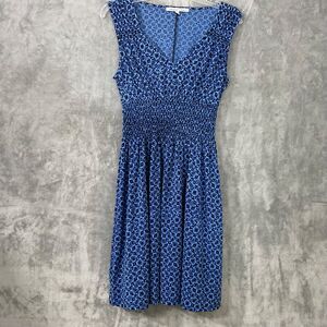 Adrienne Vittadini smocked waist sleeveless  Dress women’s M blue Geometic flora